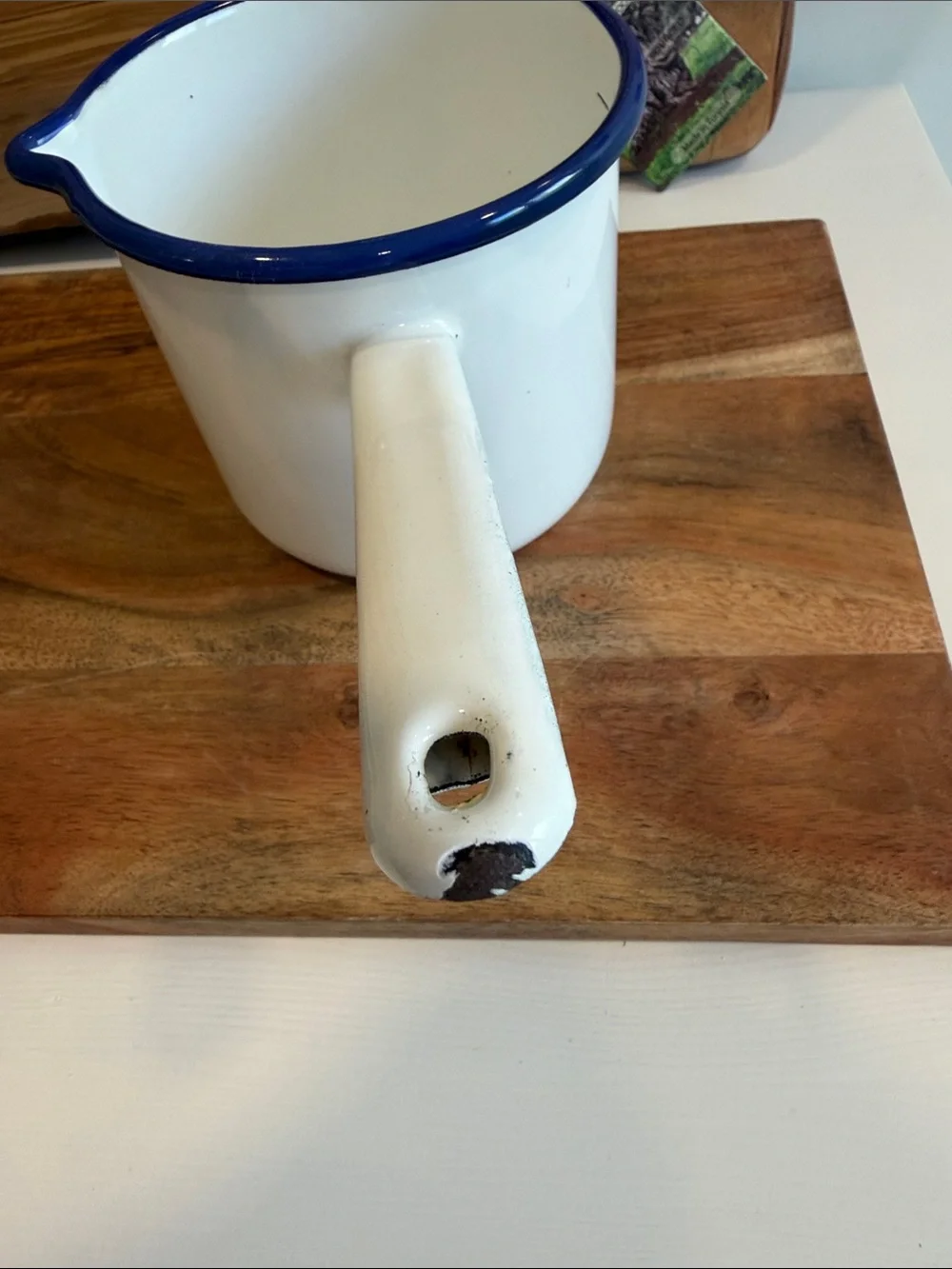 Vintage European White Enamel Milk Pan with Blue Rim